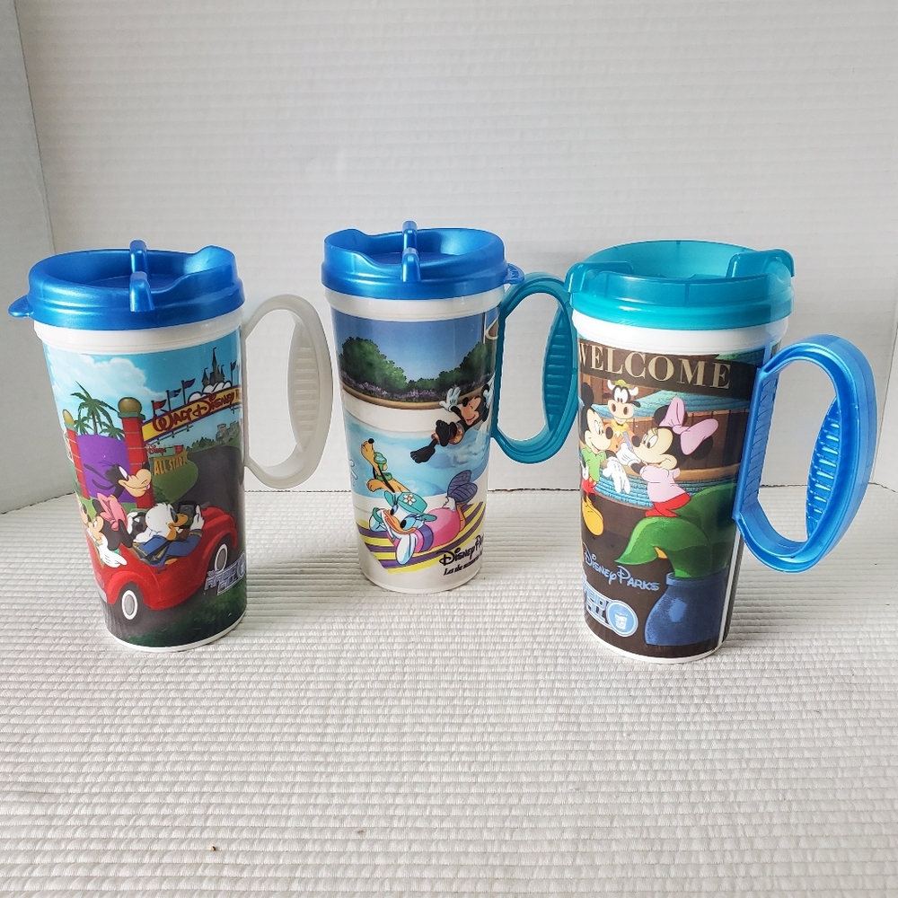 3 Walt Disney Parks Rapid Refill Whirley Travel Mugs 12oz Plastic Cups Lids